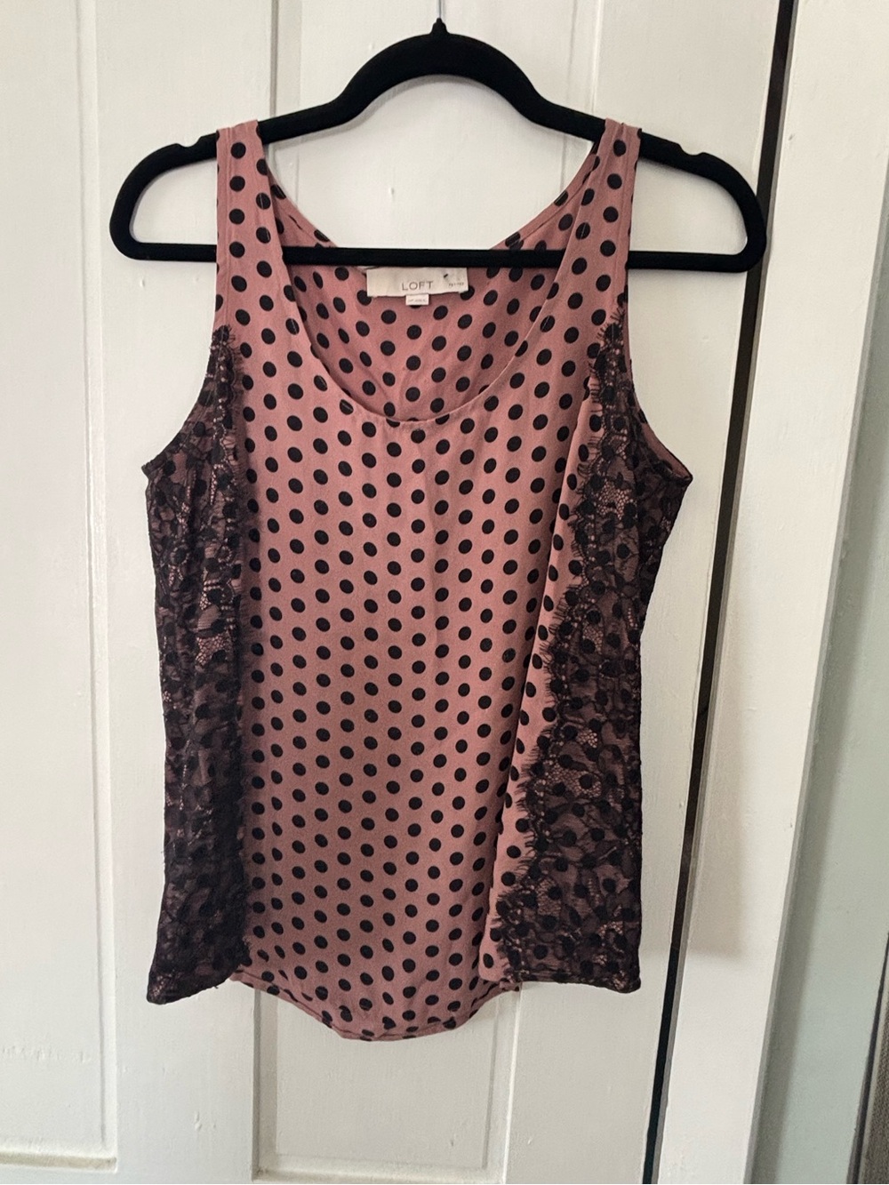 LOFT Mauve Pink Polka Dot Tank with Black Lace Panels